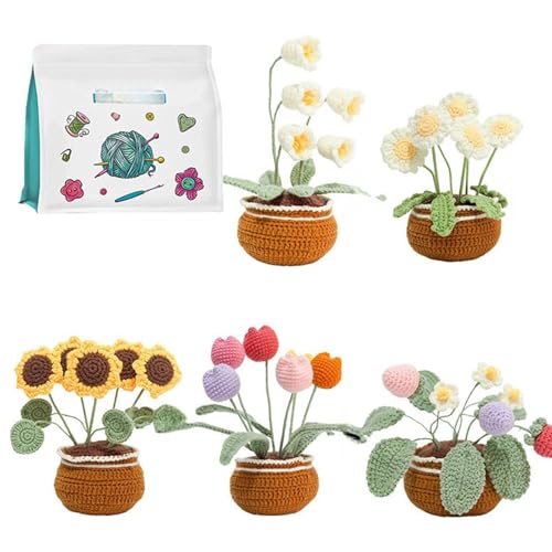 QUEENYARD Häkelgarn, Häkelblumen-Blumentopfpflanzen-Set für Erwachsene und Anfänger, inklusive Schritt-für-Schritt-Anleitung (evtl. nicht in deutscher Sprache), Häkelnadel, Garne, Strickmarker von QUEENYARD