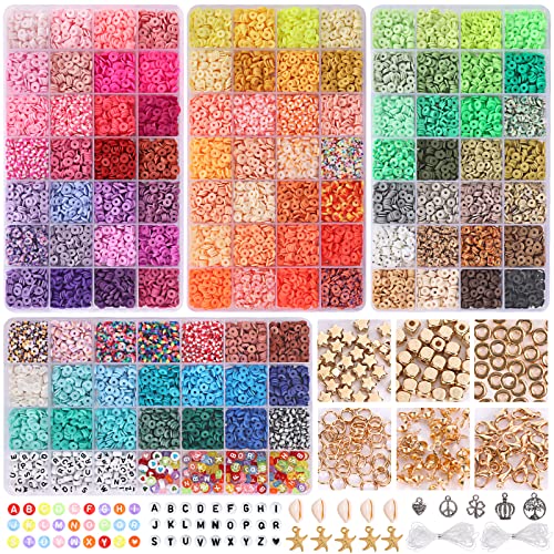 QUEFE 12600 Stück, 105 Farben, Tonperlen für Armbänder, flache Polymer-Heishi-Perlen mit 260 Buchstabenperlen für DIY-Schmuck, Markierung, Armbänder, Halsketten, 6 mm, Bastelgeschenke von QUEFE