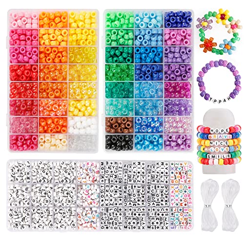 Quefe 3960-teiliges Bastelperlen-Set, 2400 Stück Regenbogen-Perlen in 48 Farben und 1560 Stück Buchstabenperlen mit 20 Meter elastischen Fäden für Armband, Schmuck, Halskettenherstellung von QUEFE