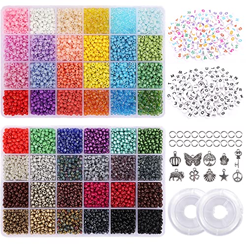 Quefe Glasperlen, 4 mm, 6/0, Armbandperlen für Schmuckherstellung, kleine Taillen-Bastelperlen, 260 Stück, Alphabet-Buchstabenperlen mit elastischen Kordeln und Charms, 8400 Stück Quefe Glasperlen, 4 mm, 6/0, Armbandperlen für Schmuckherstellung, kleine Taillen-Bastelperlen, 260 Stück, Alphabet-Buchstabenperlen mit elastischen Kordeln und Charms, 8400 Stück von QUEFE