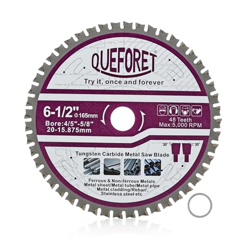 QUEFORET 165mm Kreissägeblatt - Metalltrennscheibe 48 Zähne für Eisen Stahl Edelstahl Blech/Rohr/Stab, 20mm Bohrung mit 15,875mm Unterlegscheibe, für Kreissäge und Gehrungssäge von QUEFORET