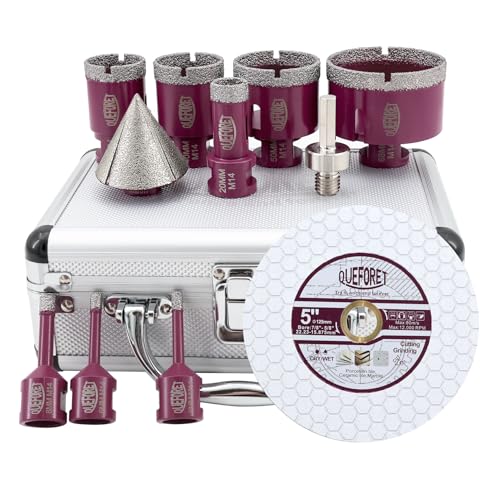 QUEFORET Diamant Fliesenbohrer Set 11 Stücke - 6/6/8/20/35/40/50/68mm x M14 Bohrkronen, 50mm Fasenfräser, Adapter, 125mm Schleifscheibe für Fliesen Keramik Porzellan Marmor Granit QUEFORET Diamant Fliesenbohrer Set 11 Stücke - 6/6/8/20/35/40/50/68mm x M14 Bohrkronen, 50mm Fasenfräser, Adapter, 125mm Schleifscheibe für Fliesen Keramik Porzellan Marmor Granit von QUEFORET