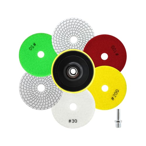 QUEFORET Diamant Polierpads Set 8 Stücke - 6 Stücke 100mm Nass Polierscheiben (Körnung 30/30/50/50/100/200), 1 Stück Polierteller, 1 Stück Adapter für Granit Marmor Quarz Kunststein von QUEFORET