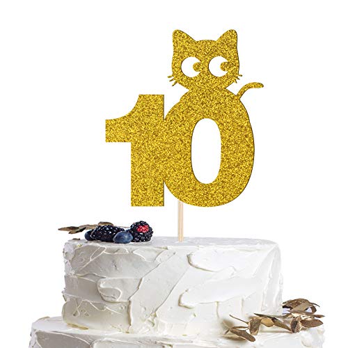 Tortenaufsatz zum 10. Geburtstag, Motiv: Katze, goldfarben, 10 Jahre alte Geburtstagskuchendekoration für Babyparty/Kinder/Haustiere Geburtstagsparty, Cartoon-Katzenfutter, Dessert-Picks für Mädchen oder Jungen von QUEOOGOU