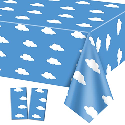 2 Pack Geschichte Geburtstag Tischtuch, 130x220cm Blauer Himmel weiße Wolke Tischdecke, Kuh-Muster gedruckt Dekoration für Junge Mädchen Kinder Geburtstag Party Supplies von QUERICKY