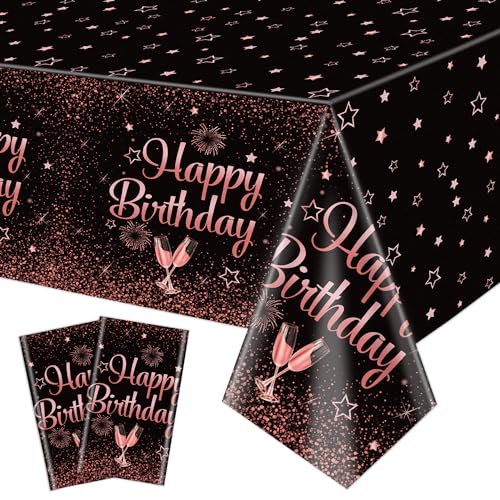 2 Pack Rose Gold Happy Birthday Tischdecken, 130 x 220cm Schwarz und Rose Gold Rechteck Tischdecke für Frauen Mädchen Geburtstag Party Dekorationen Zubehör von QUERICKY