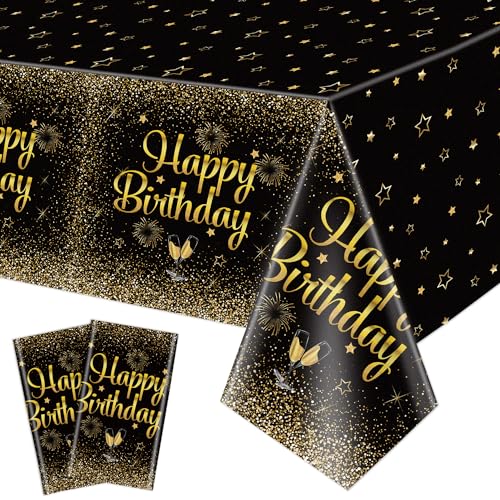 2 Pack Schwarz und Gold Happy Birthday Tischdecken, 130 x 220cm Schwarz Gold Rectangle Tischdecke für Männer Frauen Jungen Mädchen Geburtstag Party Dekorationen Zubehör von QUERICKY