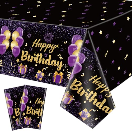 2 Pack schwarz und lila Alles Gute zum Geburtstag Tischdecken, 220x130cm Rechteck lila Gold Geburtstag Party Tischdecken für Frauen Mädchen Geburtstag Party Dekorationen Zubehör von QUERICKY