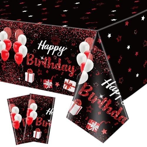 2 Pack schwarz und rot Alles Gute zum Geburtstag Tischtücher, 220x130cm Rechteck Geburtstag Party Tischdecken für Frauen Mädchen Geburtstag Party Dekorationen Zubehör von QUERICKY