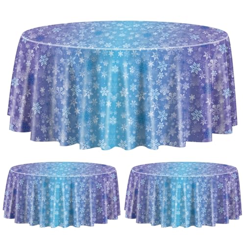 3 Stück Winter Schneeflocken Tischdecken für runden Tisch, 210x210cm blau und lila Schneeflocken Kunststoff runden Tisch Decken Winter Wonderland Party Dekorationen für Prinzessin Party Weihnachten von QUERICKY