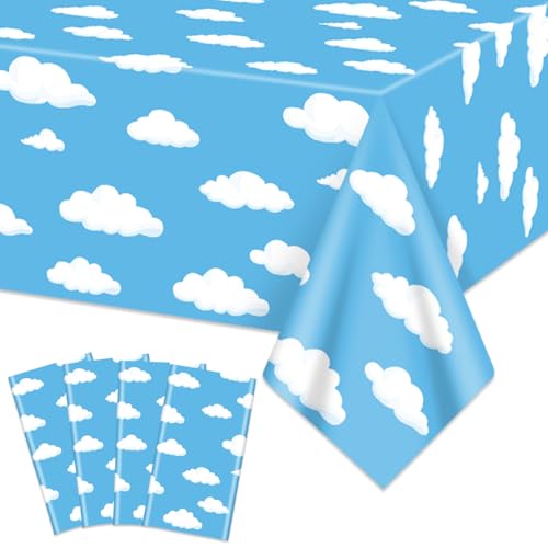 4 Pack Geschichte Geburtstag Tischtuch, 130x220cm Blauer Himmel weiße Wolke Tischdecke, Kuh-Muster gedruckt Dekoration für Junge Mädchen Kinder Geburtstag Party Supplies von QUERICKY