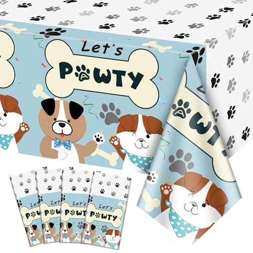4 Pack Hund Themed Happy Birthday Tischdecken, 220x130cm Welpe Hund Geburtstag Rechteck Tabelle deckt Let's Pawty Tischdecke für Kinder Geburtstag Party Dekorationen, Welpe Thema Party Supplies von QUERICKY
