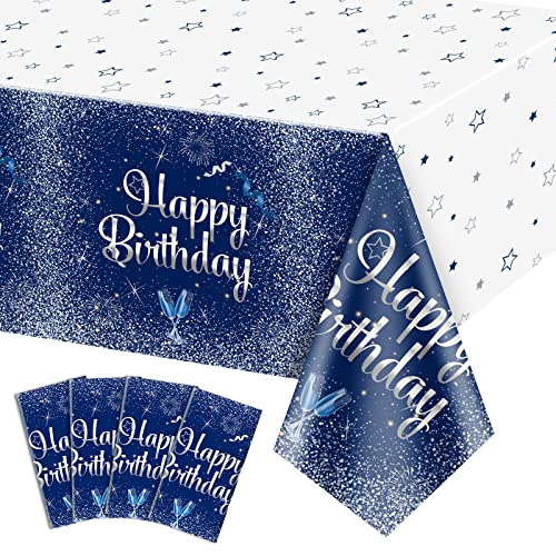 4 Pack Marineblau und Silber Happy Birthday Tischdecken, 130 x 220cm Rechteck Tischdecke für Männer Frauen Jungen Mädchen Geburtstag Party Dekorationen Zubehör von QUERICKY