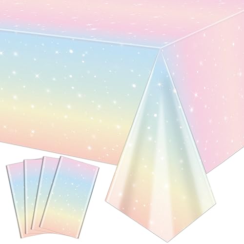 4 Pack Pastell Regenbogen Tischdecken, 220x130cm Rechteck Pastell Regenbogen Tischdecke für Einhorn Party Dekorationen Mädchen Regenbogen Geburtstag Party Dekorationen Baby Dusche Party Zubehör von QUERICKY