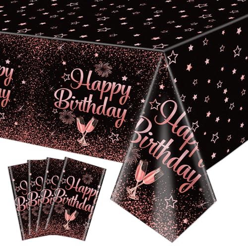 4 Pack Rose Gold Happy Birthday Tischdecken, 130 x 220cm Schwarz und Rose Gold Rechteck Tischdecke für Frauen Mädchen Geburtstag Party Dekorationen Zubehör von QUERICKY