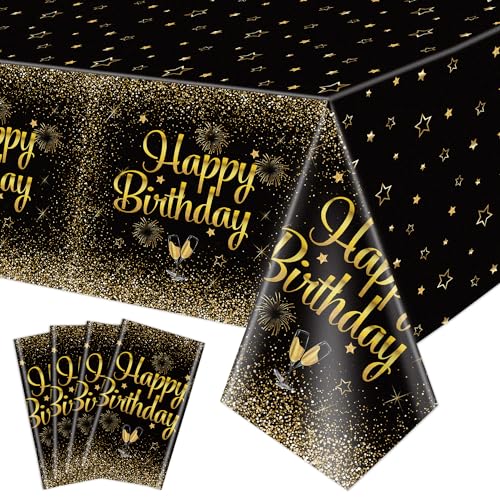 4 Pack Schwarz und Gold Happy Birthday Tischdecken, 130 x 220cm Schwarz Gold Rectangle Tischdecke für Männer Frauen Jungen Mädchen Geburtstag Party Dekorationen Zubehör von QUERICKY