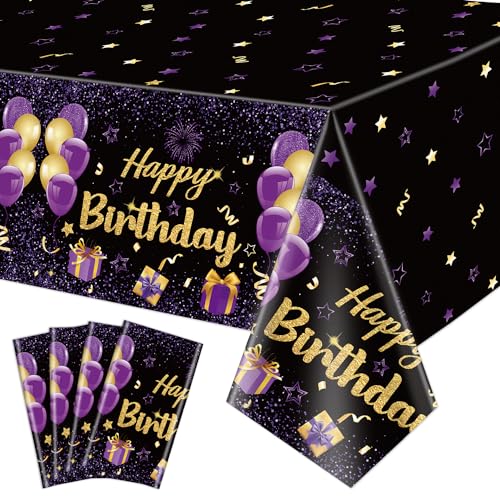 4 Pack schwarz und lila Alles Gute zum Geburtstag Tischdecken, 220x130cm Rechteck lila Gold Geburtstag Party Tischdecken für Frauen Mädchen Geburtstag Party Dekorationen Zubehör von QUERICKY