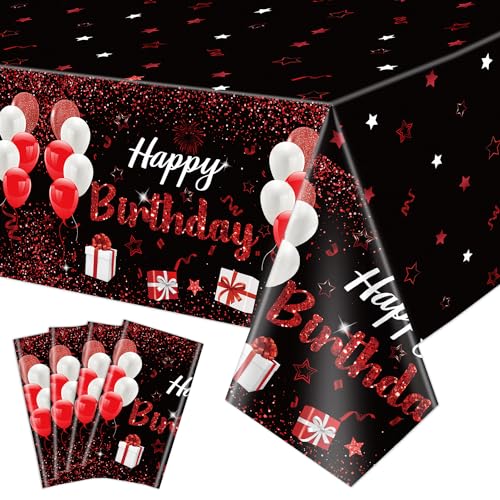 4 Pack schwarz und rot Alles Gute zum Geburtstag Tischtücher, 220x130cm Rechteck Geburtstag Party Tischdecken für Frauen Mädchen Geburtstag Party Dekorationen Zubehör von QUERICKY