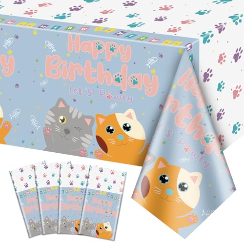 4 Packung Katze Themed Happy Birthday Tischdecken, 220x130cm Kätzchen Katze Geburtstag Rechteck Tischdecken für Kinder Geburtstag Party Dekorationen, Kätzchen Thema Party Supplies von QUERICKY