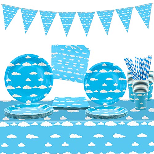 Blauer Himmel, weiße Wolken, Dekorationen, Story-Geburtstagsparty-Zubehör für Kindergeburtstag, Babyparty, inklusive Banner, Tischdecke, Teller, Tassen, Servietten für 20 Gäste (1-A) von QUERICKY