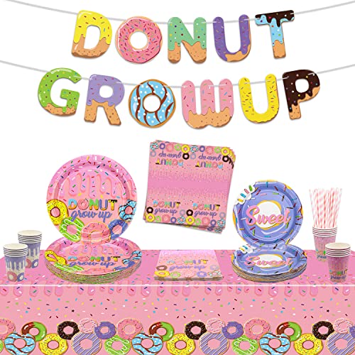 Donut Party Dekorationen, inklusive Donut Grow Up Banner, Donut Pappteller, Tischdecke, Servietten, Tassen für Mädchen Baby Donut Thema Geburtstagsdekorationen Donut Grow Up Party, für 20 Gäste von QUERICKY