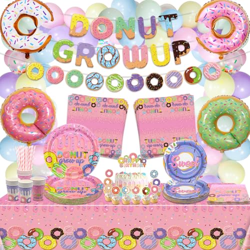 Donut Party Dekorationen, inklusive Donut Grow Up Banner, Papiergeschirr, Luftballons, Tischdecke, Kuchenaufsätze für Mädchen Sweeties Baby Donut Grow Up Thema Geburtstagsdekorationen, für 20 Gäste von QUERICKY