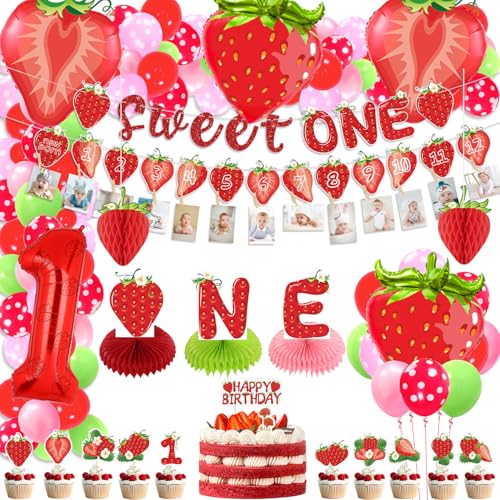 Erdbeer-Dekoration zum 1. Geburtstag, enthält ein süßes Banner, monatliches Foto-Banner, Erdbeer-One-Waben-Mittelstück, Kuchendekoration, Luftballons für Mädchen erster Geburtstag Partyzubehör Erdbeer-Dekoration zum 1. Geburtstag, enthält ein süßes Banner, monatliches Foto-Banner, Erdbeer-One-Waben-Mittelstück, Kuchendekoration, Luftballons für Mädchen erster Geburtstag Partyzubehör von QUERICKY
