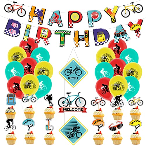 Fahrrad-Geburtstagsfeier-Dekorationen, einschließlich Banner, Tortenaufsätze, Luftballons, hängende Schilder, Fahrrad-Sport-Geburtstagsfeier-Zubehör für Kinder und Fahrradfans (A) von QUERICKY