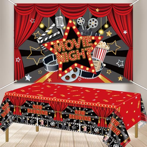 Film Nacht Dekorationen, Movie Night Banner Hintergrund, Now Showing Tischdecke, Kino Thema Party Dekoration für Film Nacht Party Roter Teppich Geburtstag Party Zubehör Film Nacht Dekorationen, Movie Night Banner Hintergrund, Now Showing Tischdecke, Kino Thema Party Dekoration für Film Nacht Party Roter Teppich Geburtstag Party Zubehör von QUERICKY