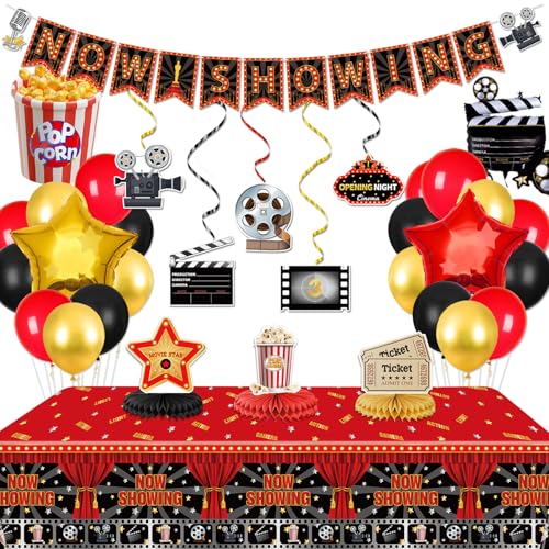 Filmabend-Dekorationen, inklusive Banner, hängende Wirbel, Tischdecke, Tisch-Waben-Mittelstücke für Filmabend, Party, roter Teppich, Geburtstagsparty-Zubehör Filmabend-Dekorationen, inklusive Banner, hängende Wirbel, Tischdecke, Tisch-Waben-Mittelstücke für Filmabend, Party, roter Teppich, Geburtstagsparty-Zubehör von QUERICKY