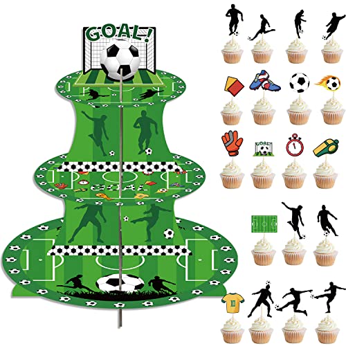 Fußball Cupcake Stand, 3-Tier-Fußball-Party liefert Kuchen Stand mit 20pcs Fußball Cupcake Toppers, Cupcake Karton Tisch für Kinder Geburtstag Party Dekorationen Fußball-Thema Party-Dekorationen von QUERICKY