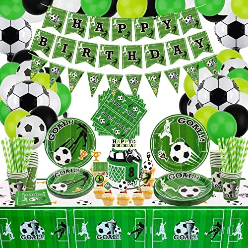 Fußball Geburtstag Deko - Enthält Fußballballon, Happy Birthday Banner, Kuchendeckel, Teller, Servietten, Tasse, Tischdecke und Papierstrohhalme für Sport-Geburtstagsdekorationen, für 20 Gäste von QUERICKY