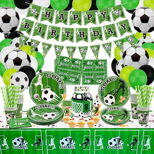 Fußball Geburtstag Deko - Enthält Fußballballon, Happy Birthday Banner, Kuchendeckel, Teller, Servietten, Tasse, Tischdecke und Papierstrohhalme für Sport-Geburtstagsdekorationen, für 20 Gäste von QUERICKY