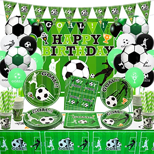 Fußball Geburtstag Deko - Enthält Fußballballon, Happy Birthday Hintergrund, Banner, Teller, Servietten, Tasse, Tischdecke und Papierstrohhalme für Sport-Geburtstagsdekorationen, für 20 Gäste von QUERICKY