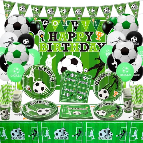 Fußball Geburtstag Deko - Enthält Fußballballon, Happy Birthday Hintergrund, Banner, Teller, Servietten, Tasse, Tischdecke und Papierstrohhalme für Sport-Geburtstagsdekorationen, für 20 Gäste von QUERICKY