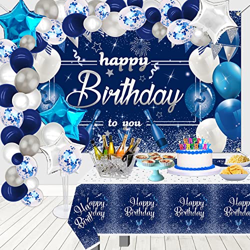 Geburtstagsparty-Zubehör in Marineblau und Silber, einschließlich Happy Birthday-Hintergrund, Tischdecke, 64 stück Luftballon für Geburtstagsparty-Dekorationen für Männer, Frauen von QUERICKY