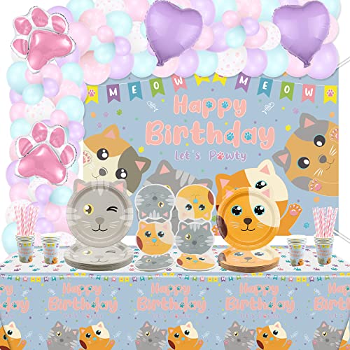 QUERICKY Cat Theme Party Supplies, umfasst Katze Alles Gute zum Geburtstag Kulisse, Luftballons, Teller, Tischdecke, Servietten, Tassen für Katze, Kitty Lovers, Kindergeburtstag, dient 20 Gäste von QUERICKY
