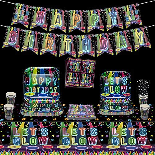 Glow Neon Party Dekoration, enthalten Glow in the Dark Happy Birthday Banner, Tischdecke, Pappteller, Tassen, Servietten für Glow in The Dark Birthday Party, serviert 20 Gäste von QUERICKY