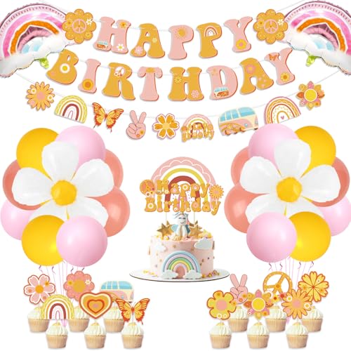 Groovy Party Dekorationen, einschließlich Retro Happy Birthday Banner, Boho Regenbogen Blume Bus Banner, Cake Topper, Luftballons für Mädchen Geburtstagsparty Hippie 60er Jahre Thema Boho Groovy Party von QUERICKY