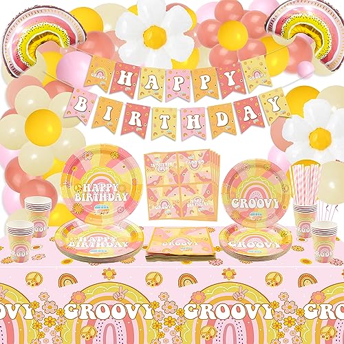 Groovy Party Dekorationen, enthalten Hippie Geburtstag Banner, Tischdecke, Pappteller, Tassen, Serviette, Luftballons für Retro Hippie Boho Geburtstagsparty, Two Groovy Geburtstag Party, serviert 20 von QUERICKY