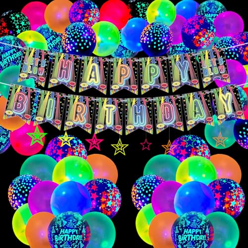 Im Dunkeln leuchtende Geburtstagsfeier-Dekorationen, einschließlich Happy Birthday Banner, Neonballons, Sternendekorationswirbel, leuchtende Geburtstagszubehör für Kinder Im Dunkeln leuchtende Geburtstagsfeier-Dekorationen, einschließlich Happy Birthday Banner, Neonballons, Sternendekorationswirbel, leuchtende Geburtstagszubehör für Kinder von QUERICKY