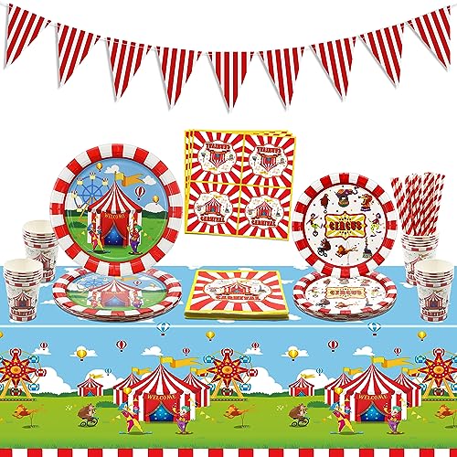 Karneval Party Supplies, Include Karneval Banner, Willkommen im Zirkus Tischdecke, Pappteller, Servietten, Tassen, Zirkus Karneval Party Dekorationen für Kindergeburtstag Party, serviert 20 Gäste von QUERICKY
