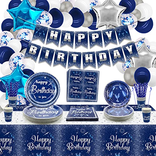 Marineblaue und silberne Geburtstagsdekorationen, Geburtstagsparty-Zubehör für Männer und Frauen, inklusive Happy Birthday-Banner, Tischdecke, Teller, Servietten, Tassen, für 20 Gäste von QUERICKY