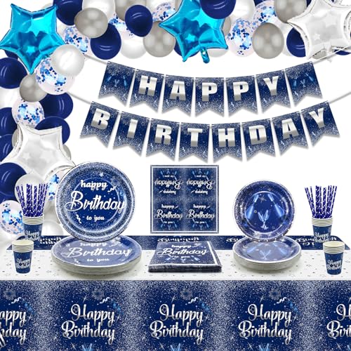 Marineblaue und silberne Geburtstagsdekorationen, Geburtstagsparty-Zubehör für Männer und Frauen, inklusive Happy Birthday-Banner, Tischdecke, Teller, Servietten, Tassen, für 20 Gäste Marineblaue und silberne Geburtstagsdekorationen, Geburtstagsparty-Zubehör für Männer und Frauen, inklusive Happy Birthday-Banner, Tischdecke, Teller, Servietten, Tassen, für 20 Gäste von QUERICKY