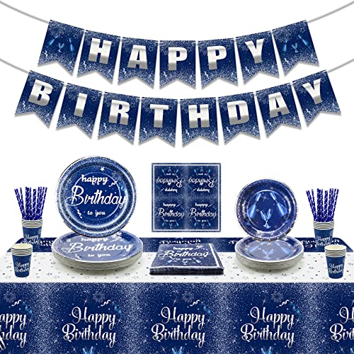 Marineblaue und silberne Geburtstagsdekorationen, Geburtstagsparty-Zubehör für Männer und Frauen, inklusive Happy Birthday-Banner, Tischdecke, Teller, Servietten, Tassen, für 20 Gäste von QUERICKY