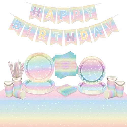 Pastell Regenbogen Geburtstag Party Dekorationen, umfasst Happy Birthday Banner, Regenbogen Tischdecke, Pappteller, Servietten, Tassen für Einhorn Geburtstag Party Dekorationen, serviert 20 Gäste von QUERICKY