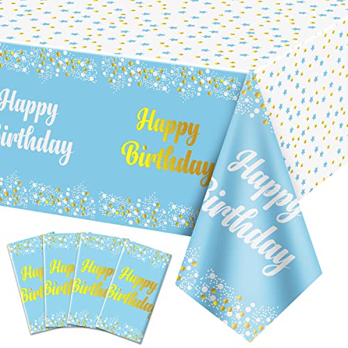 QUERICKY 4er-Pack Happy Birthday-Tischdecken, Blaue und goldene Geburtstagstischdecke, 137 x 274 cm, rechteckige Tischdecken für Kinder, Jungen, Mädchen, Geburtstagsparty-Dekorationen von QUERICKY