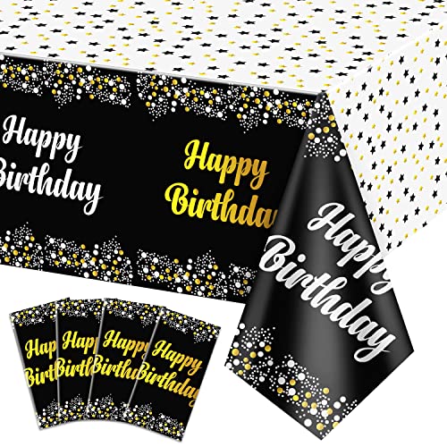 QUERICKY 4er-Pack Happy Birthday-Tischdecken, Schwarz und Gold zum Geburtstag, 137 x 274 cm, rechteckige Tischdecken für Partydekorationen zum 18., 20., 21., 30., 40., 50., 55. und 60. Geburtstag von QUERICKY