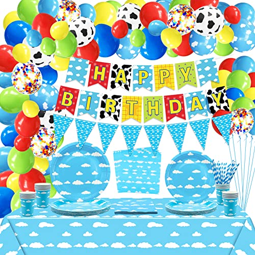 QUERICKY Blauer Himmel weiße Wolken Zubehör, inklusive Luftballons, Happy Birthday Banner, Tischdecke, Pappteller, Pappbecher, Servietten für Kinder Geburtstagsgeschichte Party Dekorationen von QUERICKY