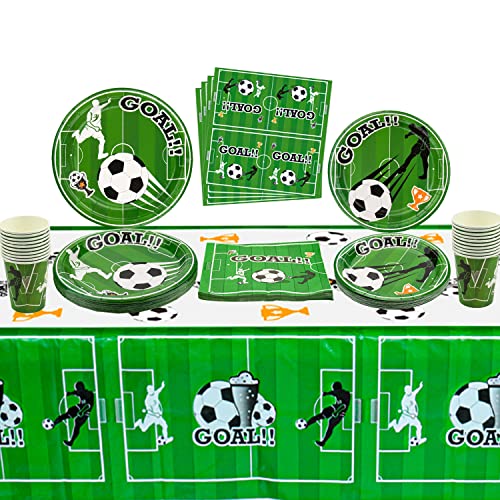 QUERICKY Fußball-Party-Dekorationen, Fußball-Geschirr Set Servers 20 Gäste umfasst Fußball Papier Teller, Dessertteller, Servietten, Tassen, Tischdecke für Jungen Sport Thema Geburtstag Dekorationen von QUERICKY